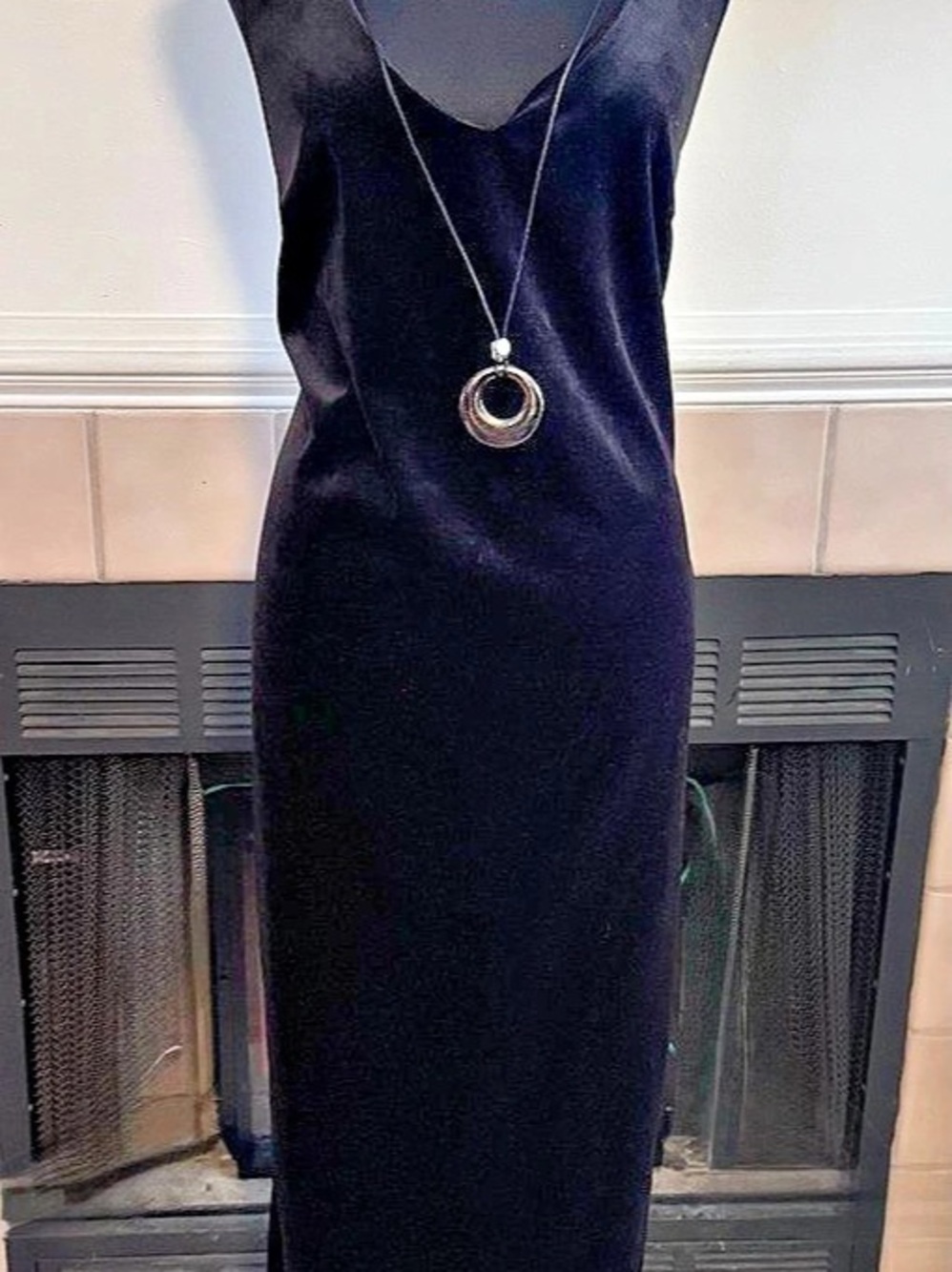 Vintage Kelly Stevens Black Velvet Bikini Strap Dress with Attached Necklace